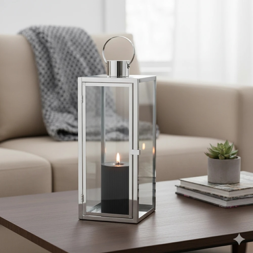 Dekorativ lanterne TOWER 29 cm blank krom