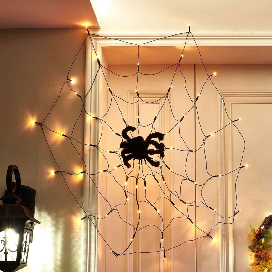 Dekorativ LED lyskæde HALLOWEEN LED/5V/8 funktioner edderkoppespind + fjernbetjening