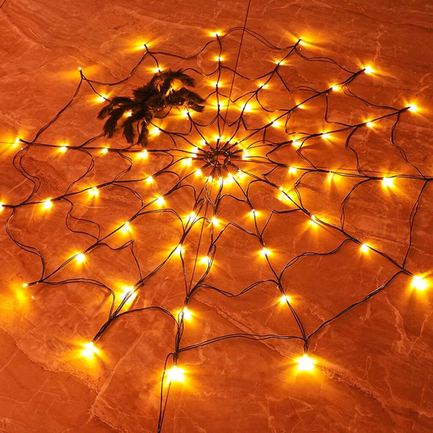 Dekorativ LED lyskæde HALLOWEEN LED/5V/8 funktioner edderkoppespind + fjernbetjening