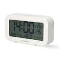 Digitalt ur med alarm, termometer og hygrometer, batteridrevet (2 x AA), hvid