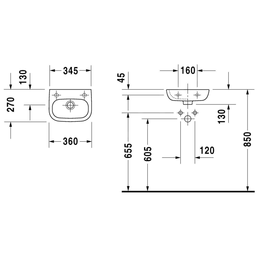 Duravit 7053600092 - Væghængt håndvask D-CODE 36x27 cm keramik/højglans hvid