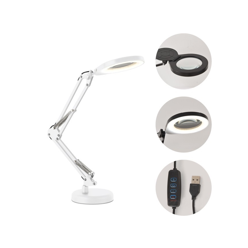 Dæmpbar LED-bordlampe med forstørrelsesglas 2-i-1 AURIQ LOUPE LED/10W/5V 3000/4000/6500K hvid