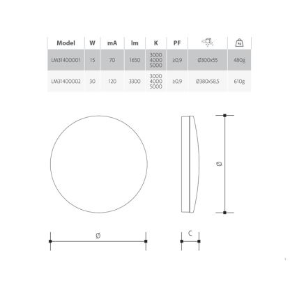 Dæmpbar LED-loftlampe til badeværelse, 15W/230V, 3000/4000/5000K, Ø 30 cm, IP54