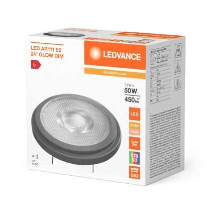 Dæmpbar LED-pære AR111 G53/7,2W/12V 1800-2700K 24° CRI 90 - Ledvance