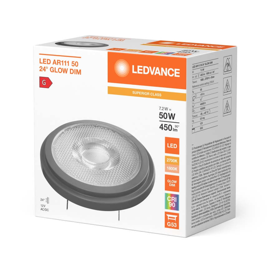 Dæmpbar LED-pære AR111 G53/7,2W/12V 1800-2700K 24° CRI 90 - Ledvance
