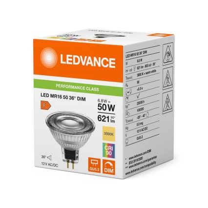 Dæmpbar LED-pære MR16 GU5,3/6,8W/12V 3000K 36° CRI 90 - Ledvance