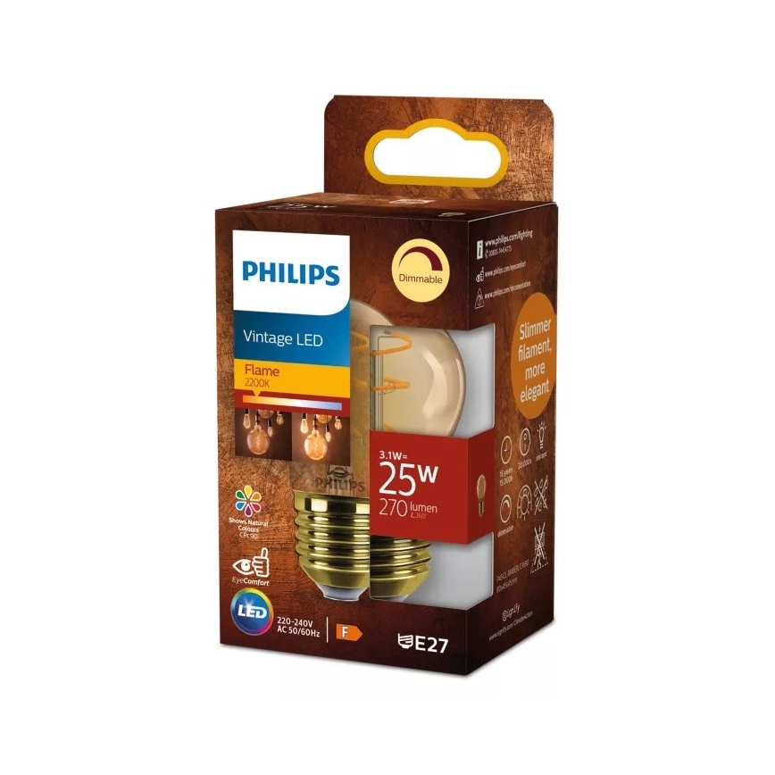 Dæmpbar LED-pære VINTAGE Philips P45 E27/3,1W/230V 2200K CRI 90