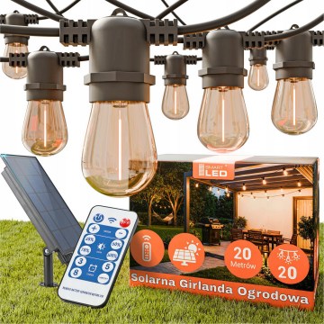 Dæmpbar LED solcelledrevet dekorationslyskæde 20xE27/0,3W/3/5V USB 2400 mAh 20,62 m IP65 sort + fjernbetjening