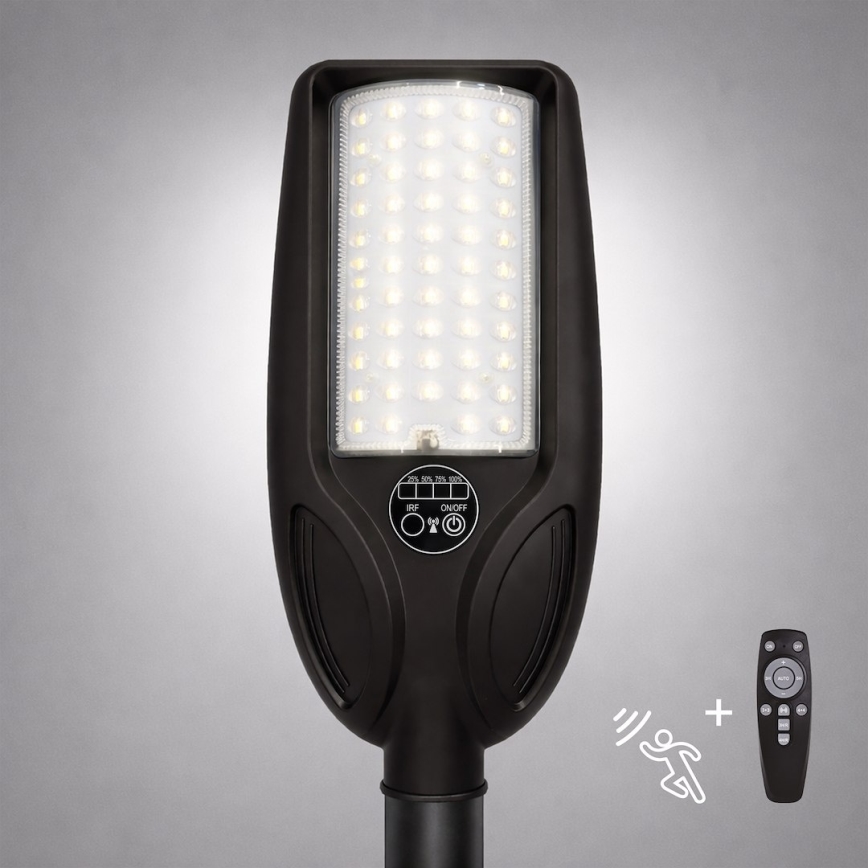 Dæmpbar LED-solcelledrevet gadelampe med sensor VENICE LED/50W/3,2V 4000 mAh IP65, sort + fjernbetjening