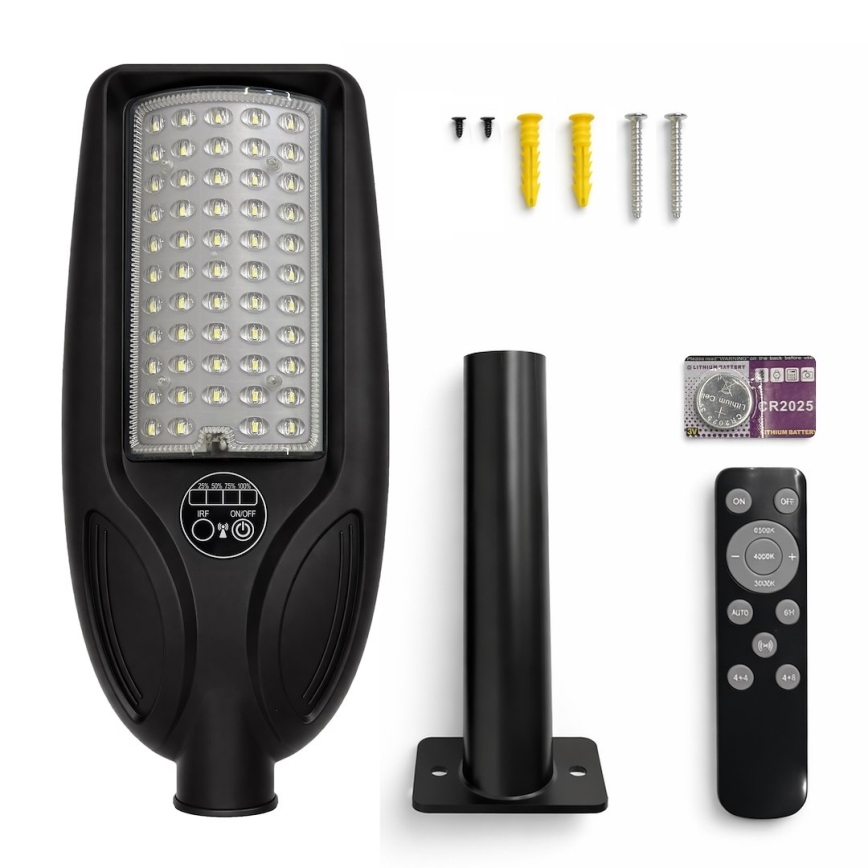 Dæmpbar LED-solcelledrevet gadelampe med sensor VENICE LED/50W/3,2V 4000 mAh IP65, sort + fjernbetjening