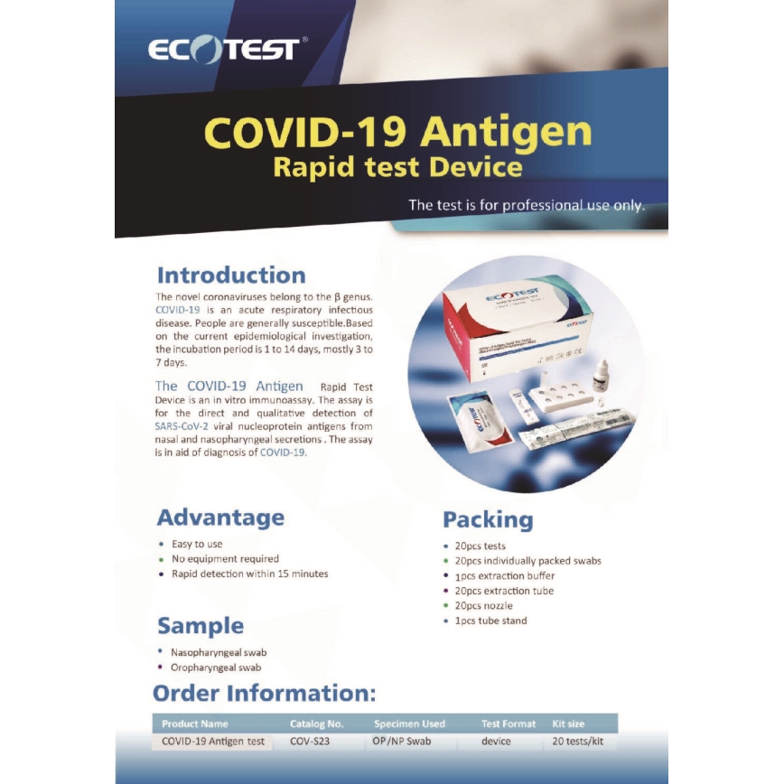 ECOTEST RAPID - Hurtig antigen-test mod COVID-19, pakke med 20 stk.