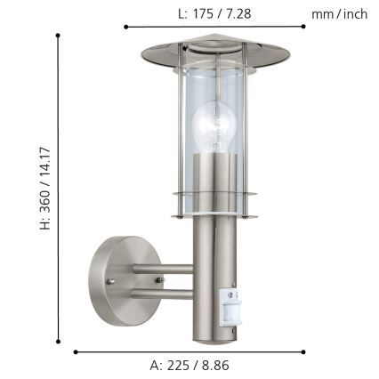 Eglo - Udendørs væglampe med sensor 1xE27/60W/230V IP44