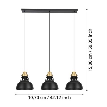 Eglo - Pendel 3xE27/40W/230V sort/guldfarvet