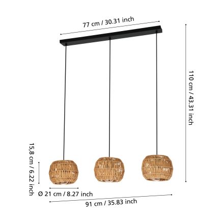 Eglo - Pendel på kabel 3xE27/40W/230V brun