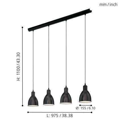 Eglo 55244 - Pendel på kabel PRIDDY 4xE27/60W/230V sort