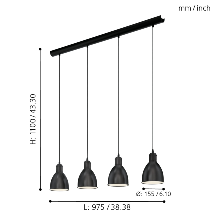Eglo 55244 - Pendel på kabel PRIDDY 4xE27/60W/230V sort