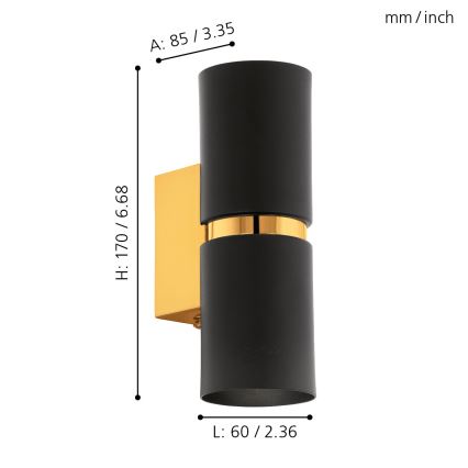 Eglo 64795 - LED væglampe PASSA PRO 2xGU10/3,3W/230V 3000K sort/guldfarvet