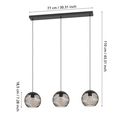 Eglo - Pendel på wire 3xE27/60W/230V sort