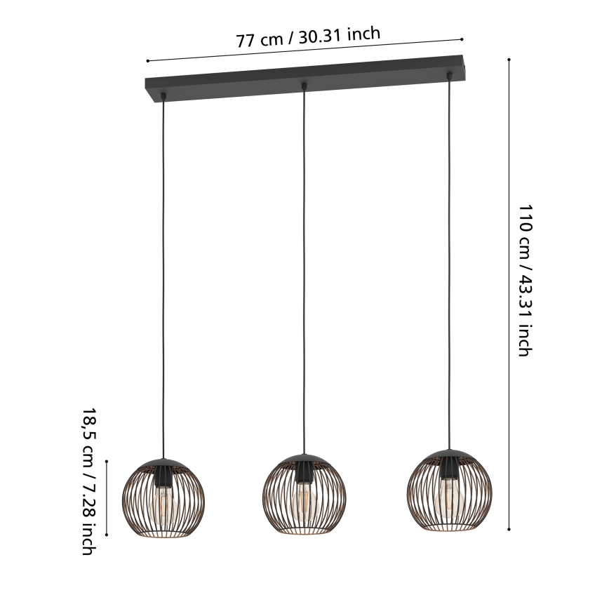 Eglo - Pendel på wire 3xE27/60W/230V sort