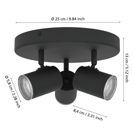 Eglo - Badeværelses-spot 3xGU10/5W/230V Ø25 cm IP44 sort