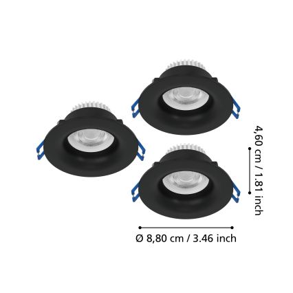 Eglo - 3-pak LED indbygningsspots til badeværelse LED/4,9W/230V 2700/4000/6500K Ø 8,8 cm IP65 sort