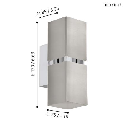 Eglo 96264 - LED-væglampe PASSA 2xGU10/2,8W/230V, firkantet