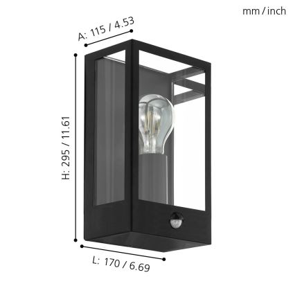 Eglo - Udendørs væglampe med sensor 1xE27/60W/230V IP44