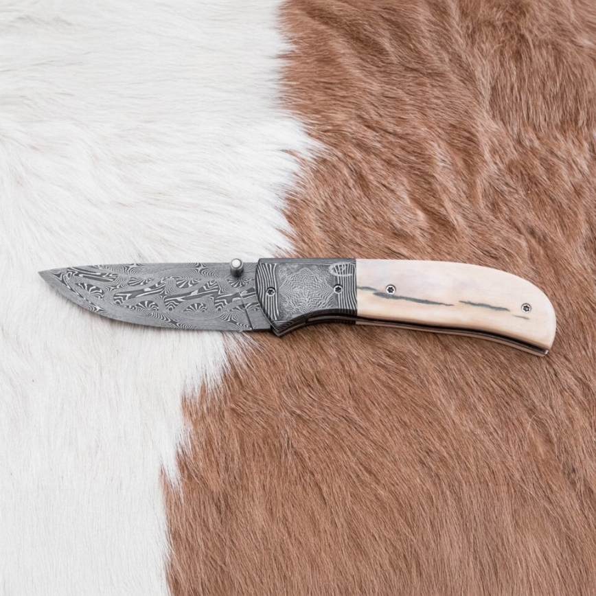 Eksklusiv Damaskus kniv foldbar 8,6 cm mammut stødtand