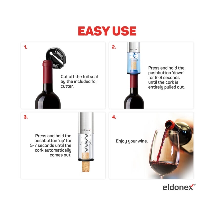 ELDONEX EWO-2200-SL - Elektrisk vinåbner 4xAA mat krom