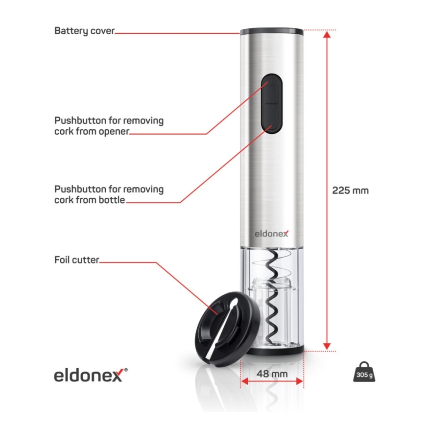 ELDONEX EWO-2200-SL - Elektrisk vinåbner 4xAA mat krom