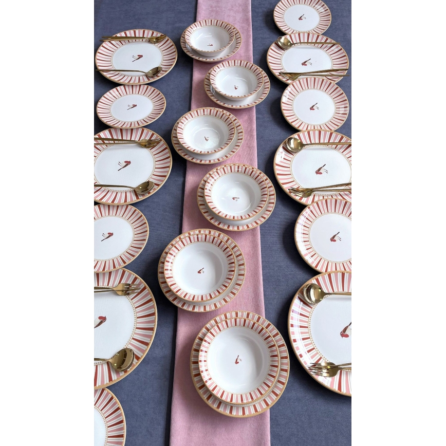 Elegant spisesæt i keramik, 24 dele – hvid, rød og guld