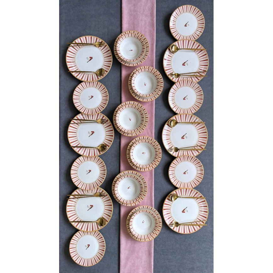 Elegant spisesæt i keramik, 24 dele – hvid, rød og guld