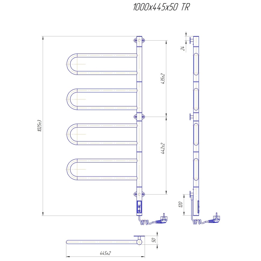 Elektrisk drejelig håndklædetørrer TRISTAR 105W/230V 100x44,5cm IP44 rustfrit stål/blank krom