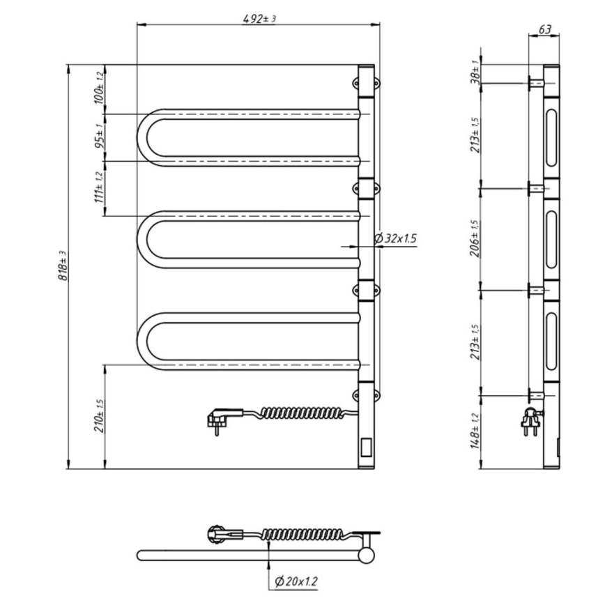 Elektrisk håndklædeholder m. termostat drejelig FOUETTE 185W/230V 81,8 cm IP44 sort