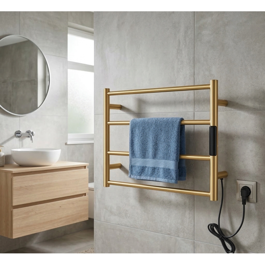 Elektrisk håndklædetørrer 56 x 37 cm, 36 W, rustfrit stål/guld