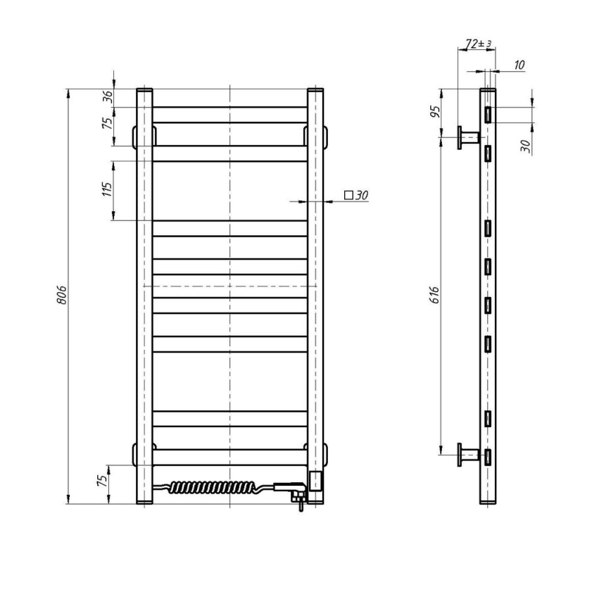 Elektrisk håndklædetørrer med termostat AVANGARD 105 W, 80 x 36 cm, sort, venstremodel
