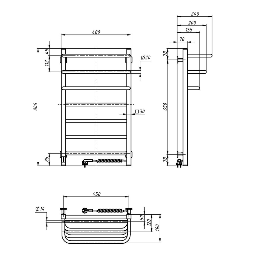 Elektrisk håndklædetørrer med termostat FORTIS, 155 W, 80 x 48 cm, hvid, højrevendt