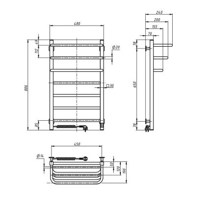 Elektrisk håndklædetørrer med termostat FORTIS 155 W, 80 x 48 cm, sort, venstrevendt