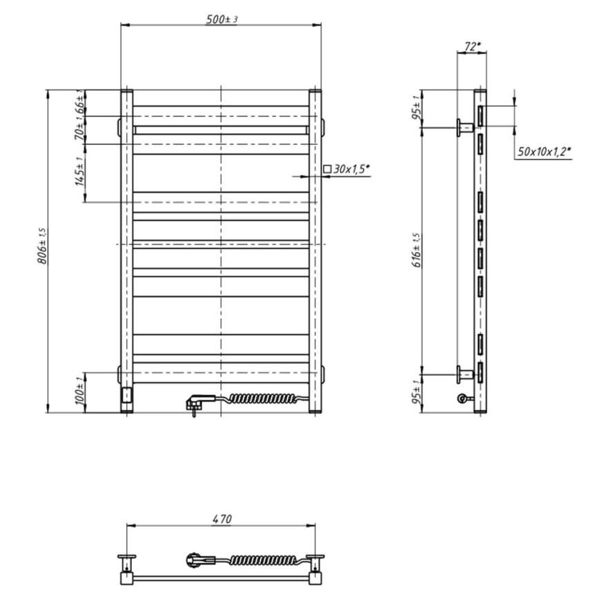Elektrisk håndklædetørrer med termostat LARGO 168W 80x50 cm, hvid, højre