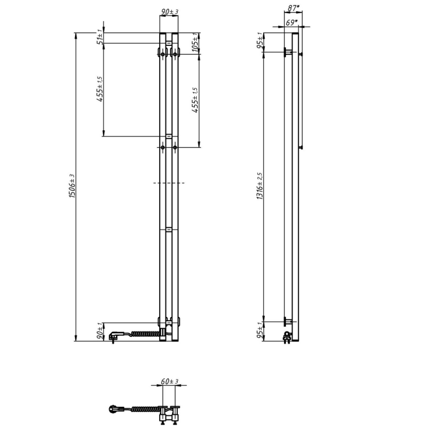 Elektrisk håndklædetørrer med termostat SILOUETTE 200W/230V 150,6 cm IP44, sort, højre