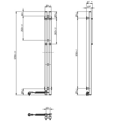 Elektrisk håndklædetørrer SILOUETTE med termostat, 70W, 120x9 cm, sort, højre