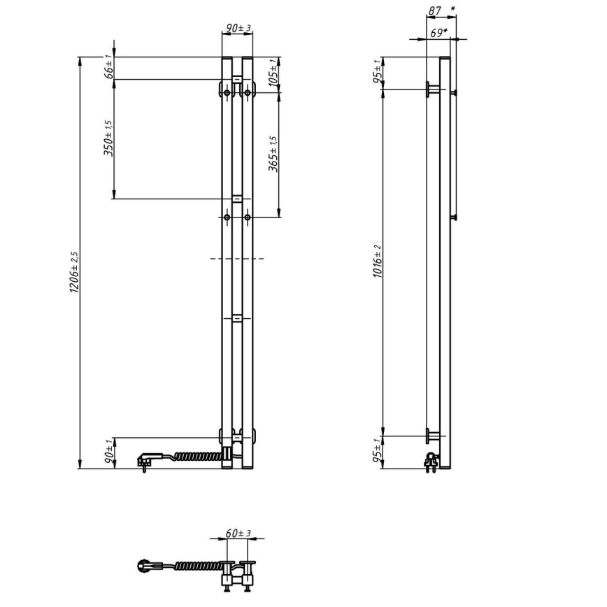 Elektrisk håndklædetørrer SILOUETTE med termostat, 70W, 120x9 cm, sort, højre