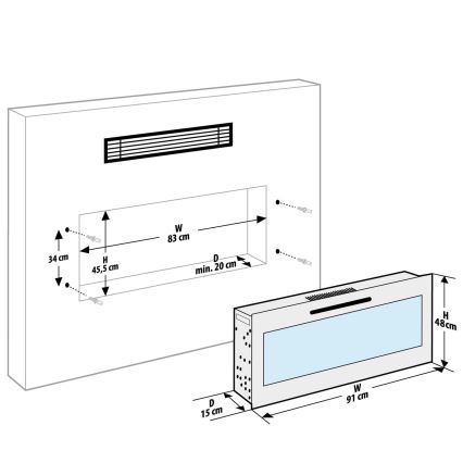 Elektrisk LED pejs m. varme LED/2000W/230V 48x91 cm væghængt + fjernbetjening