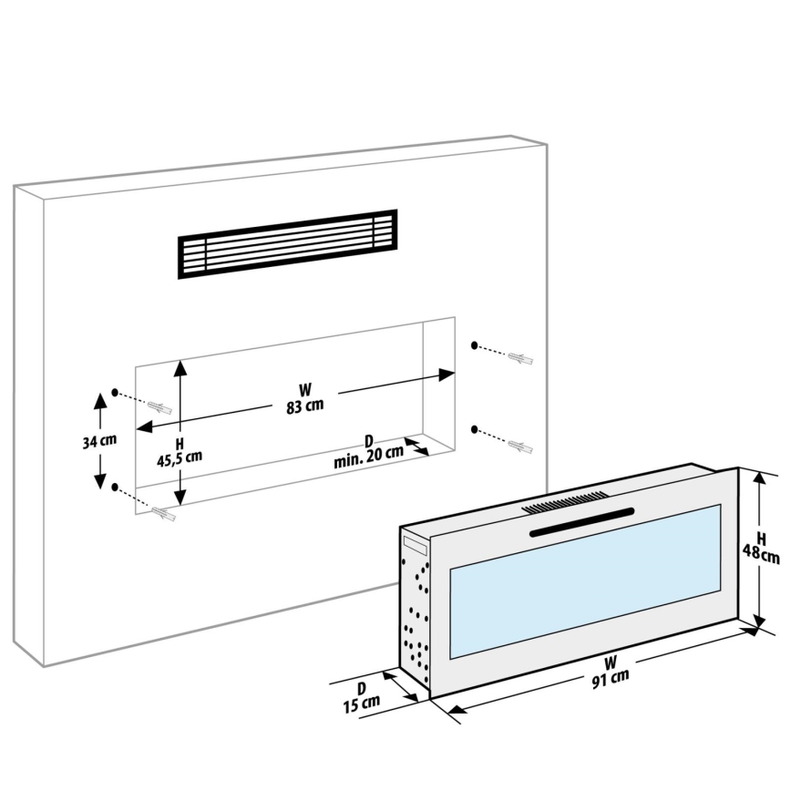 Elektrisk LED pejs m. varme LED/2000W/230V 48x91 cm væghængt + fjernbetjening