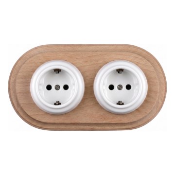 Elhard - Dobbelt keramisk retro stikkontakt med ramme SCHUKO 230V hvid/lyst træ