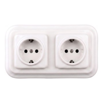 Elhard - Dobbelt keramisk retro-stikkontakt til bolig med ramme SCHUKO 230 V hvid