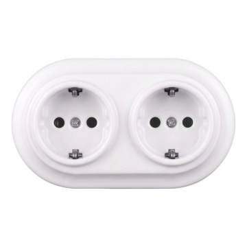 Elhard - Dobbelt keramisk retro stikkontakt til bolig med ramme SCHUKO 230 V hvid