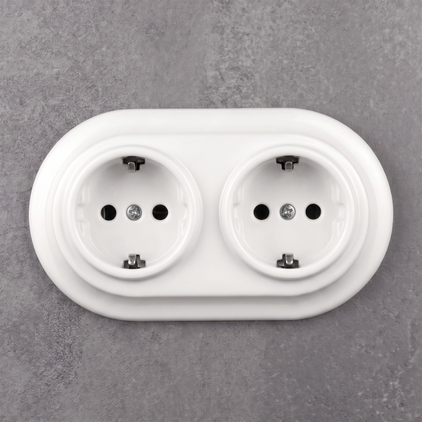 Elhard - Dobbelt keramisk retro stikkontakt til bolig med ramme SCHUKO 230 V hvid