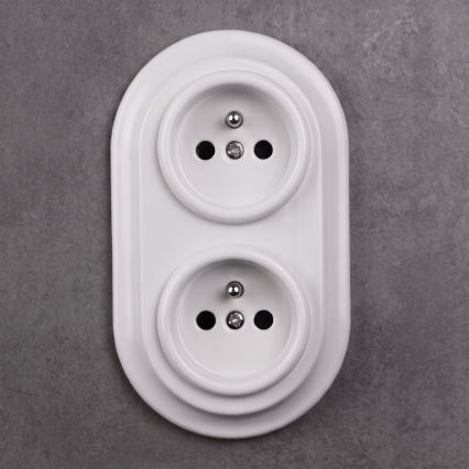 Elhard - Dobbelt keramisk retro stikkontakt til bolig med ramme SCHUKO 230 V hvid