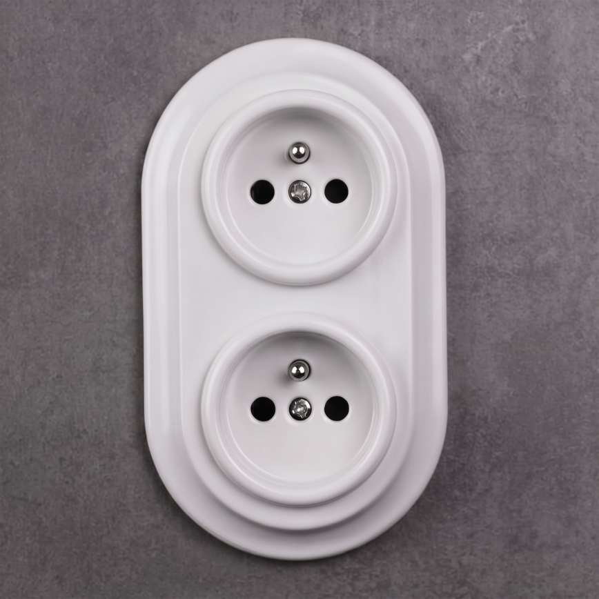 Elhard - Dobbelt keramisk retro stikkontakt til bolig med ramme SCHUKO 230 V hvid